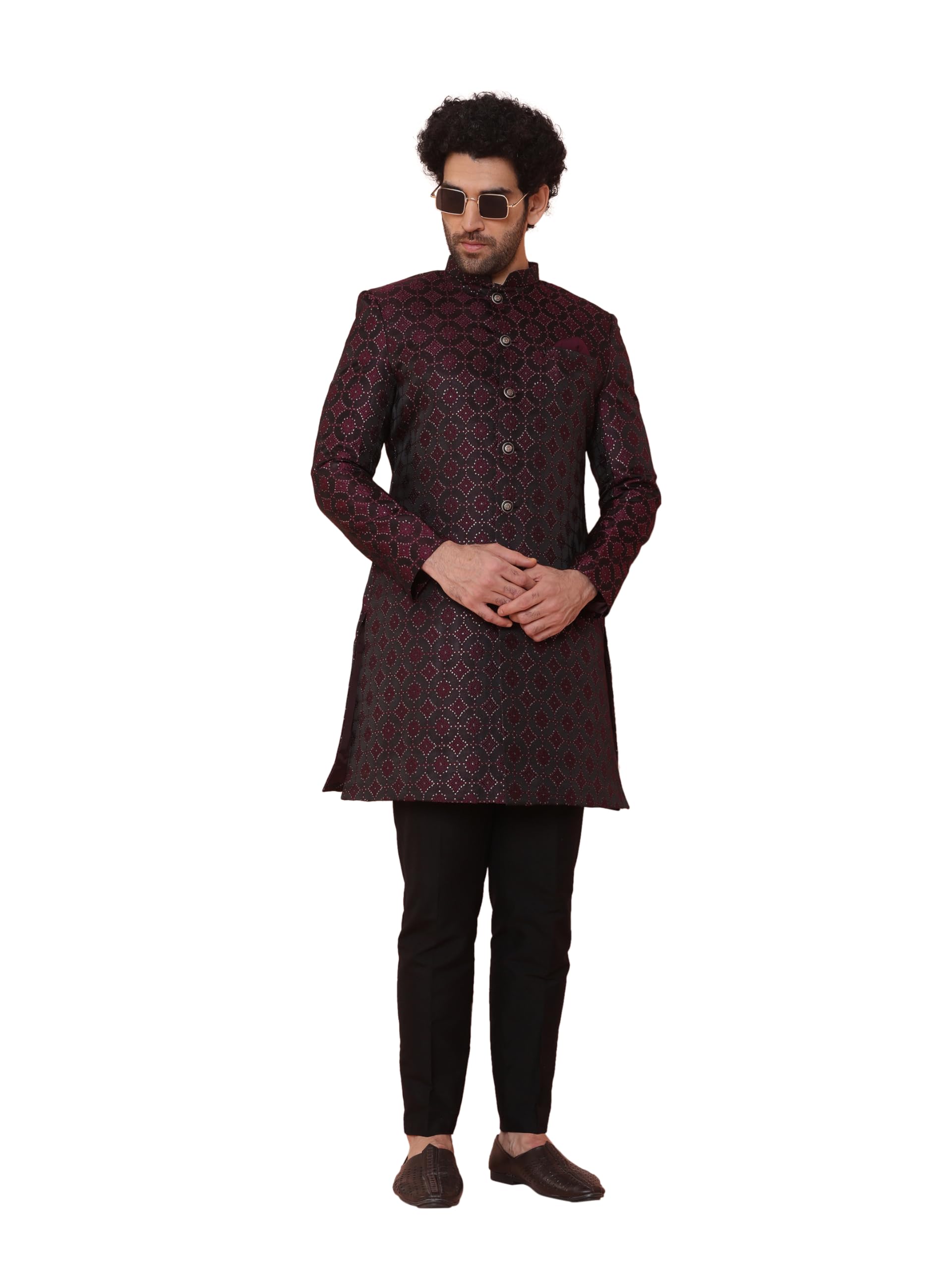 Men's Indo-Western Sherwani Trouser Set, Black Cotton Blend, Embroidered Regular Fit Mandarin Collar Long Sleeves-image-13