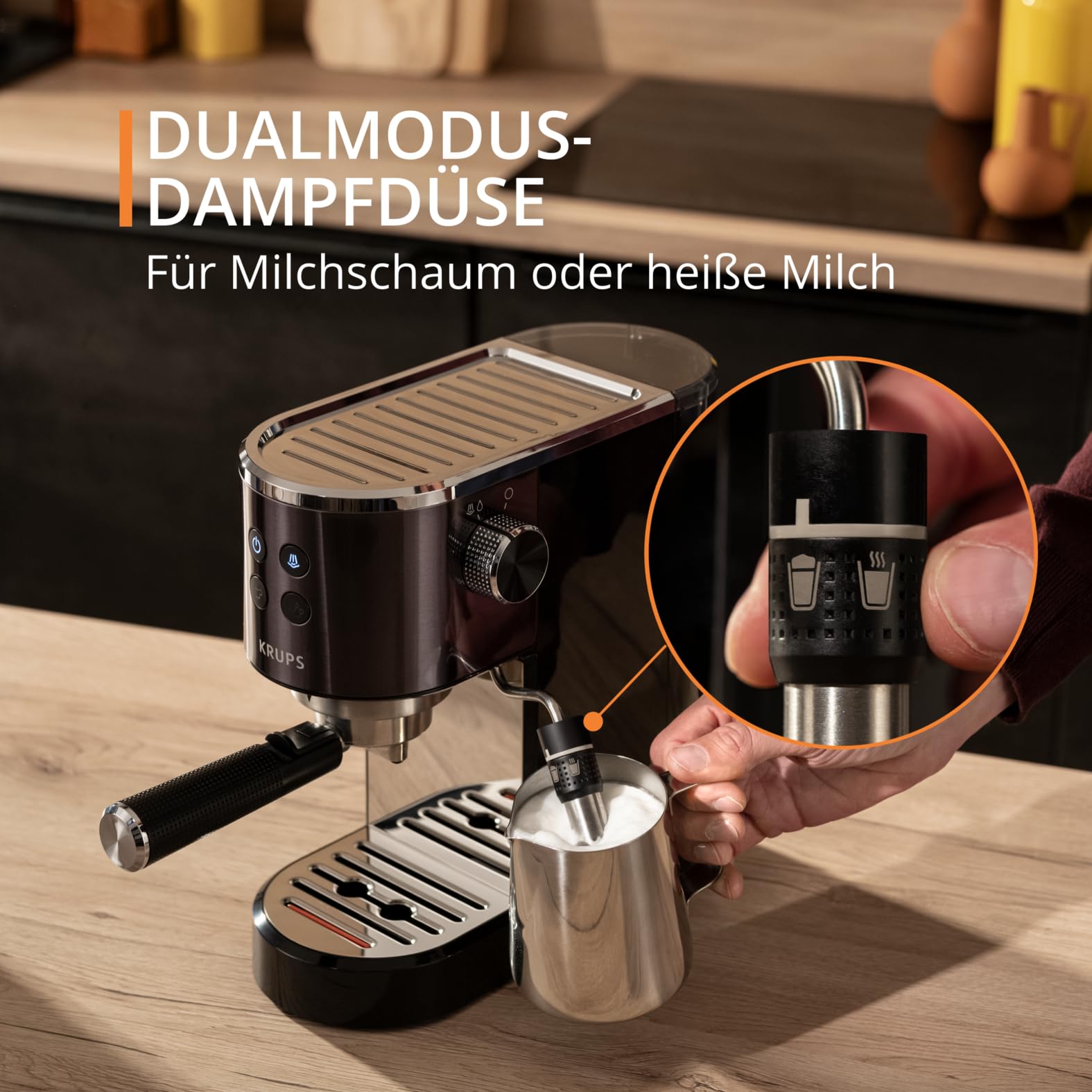 Krups Virtuoso+ Espresso-Siebträgermaschine 15 bar 3 Crema-Filter Edelstahl-Dampfdüse Schwarz/Edelstahl XP444G