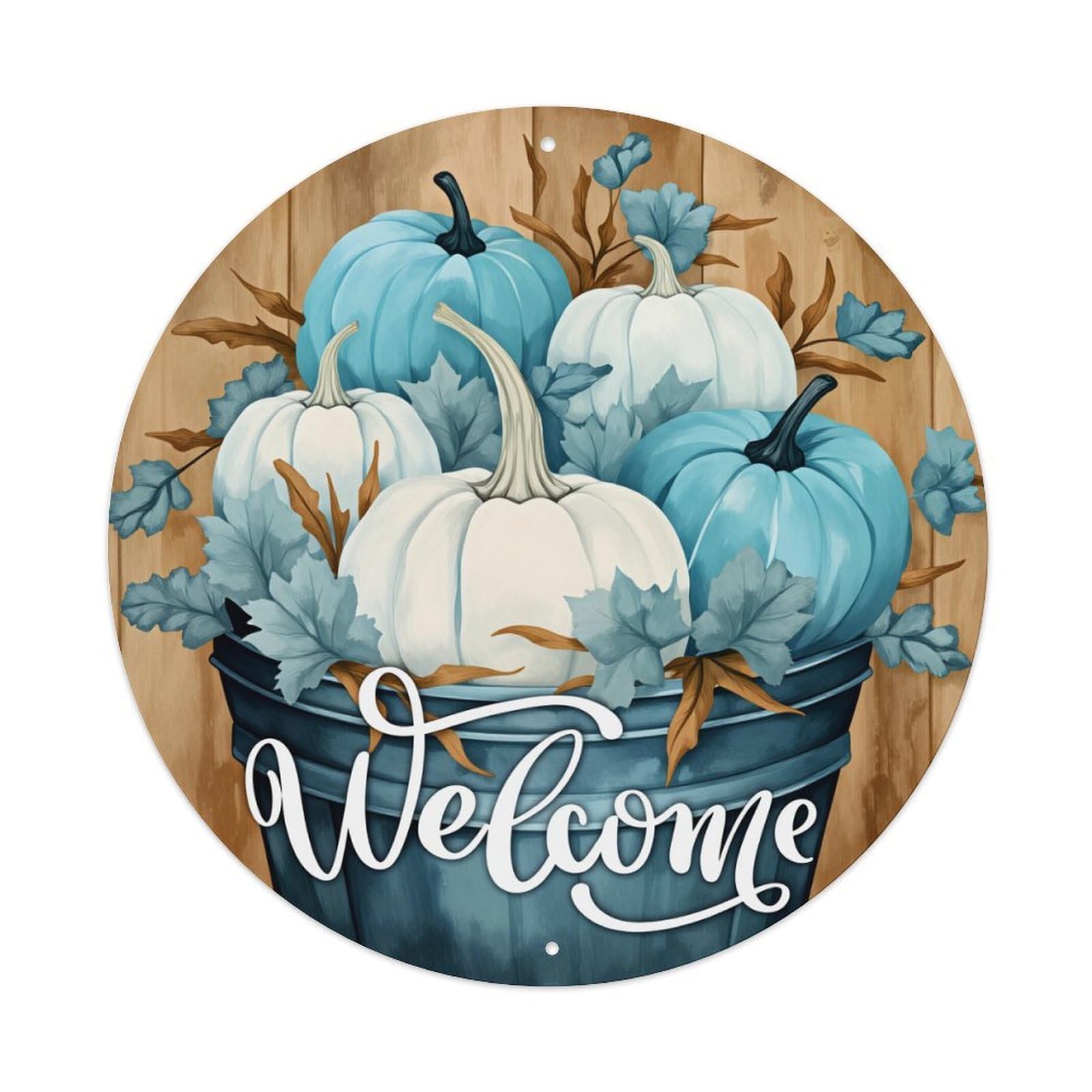 Pumpkin Bucket Autumn Leaves Welcome Round Tin Sign Vintage Metal Sign Home Bar Garden Indoor & Outdoor Wall Decor Retro Metal Poster 8x8 Inch