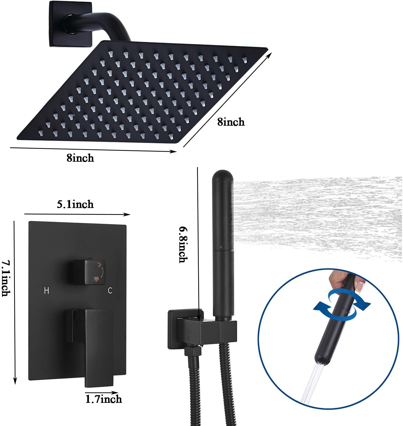 Amazing 🔥 Shower Faucet GGStudy Shower Trim Kit with Rough-in Valve Shower Set Bath Rainfall Shower Faucet System 8inch Square Stainless Steel Metal Shower Heads with Handheld Spray Black