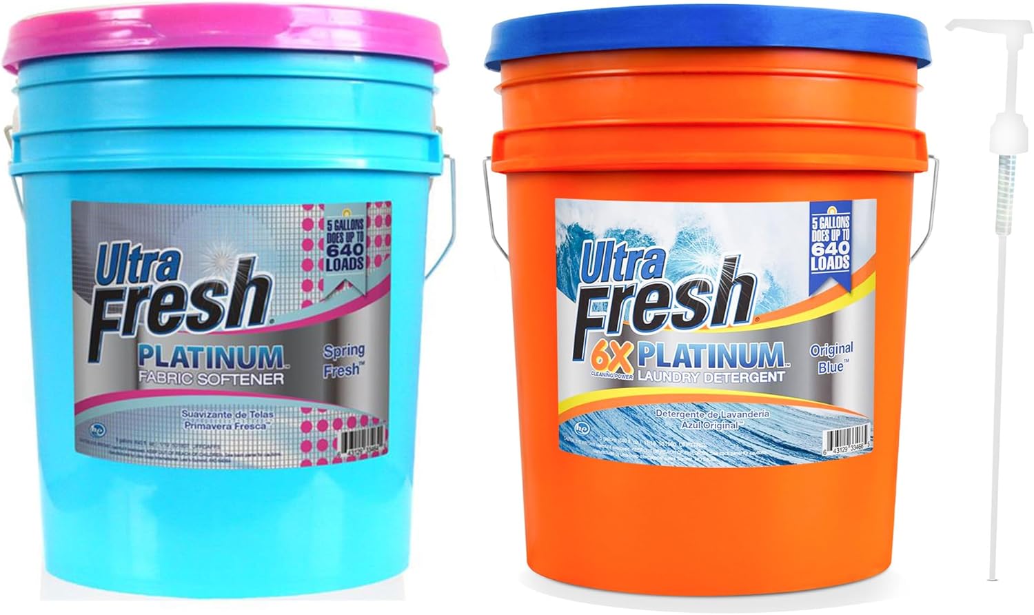 Ultra Fresh 6X Platinum Laundry Detergent, 5 Gallon, Bundled with Spring Fresh Fabric Softener and Pump, Up to 640 Loads, Orange/Blue