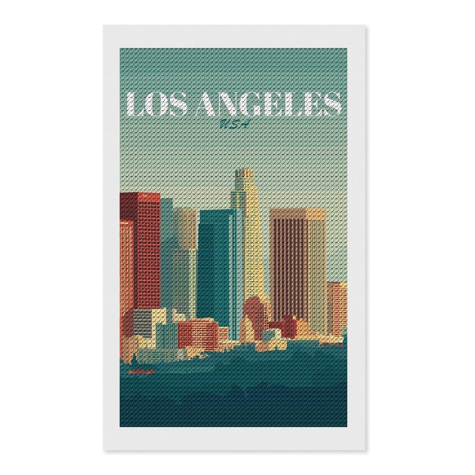 Junmoney Los Angeles Skyline Vintage Diamond Art Canvas 12"x20", for Family Craft Time, Creative Leisure Activity, Living Room Decor, Festive Craft Gift