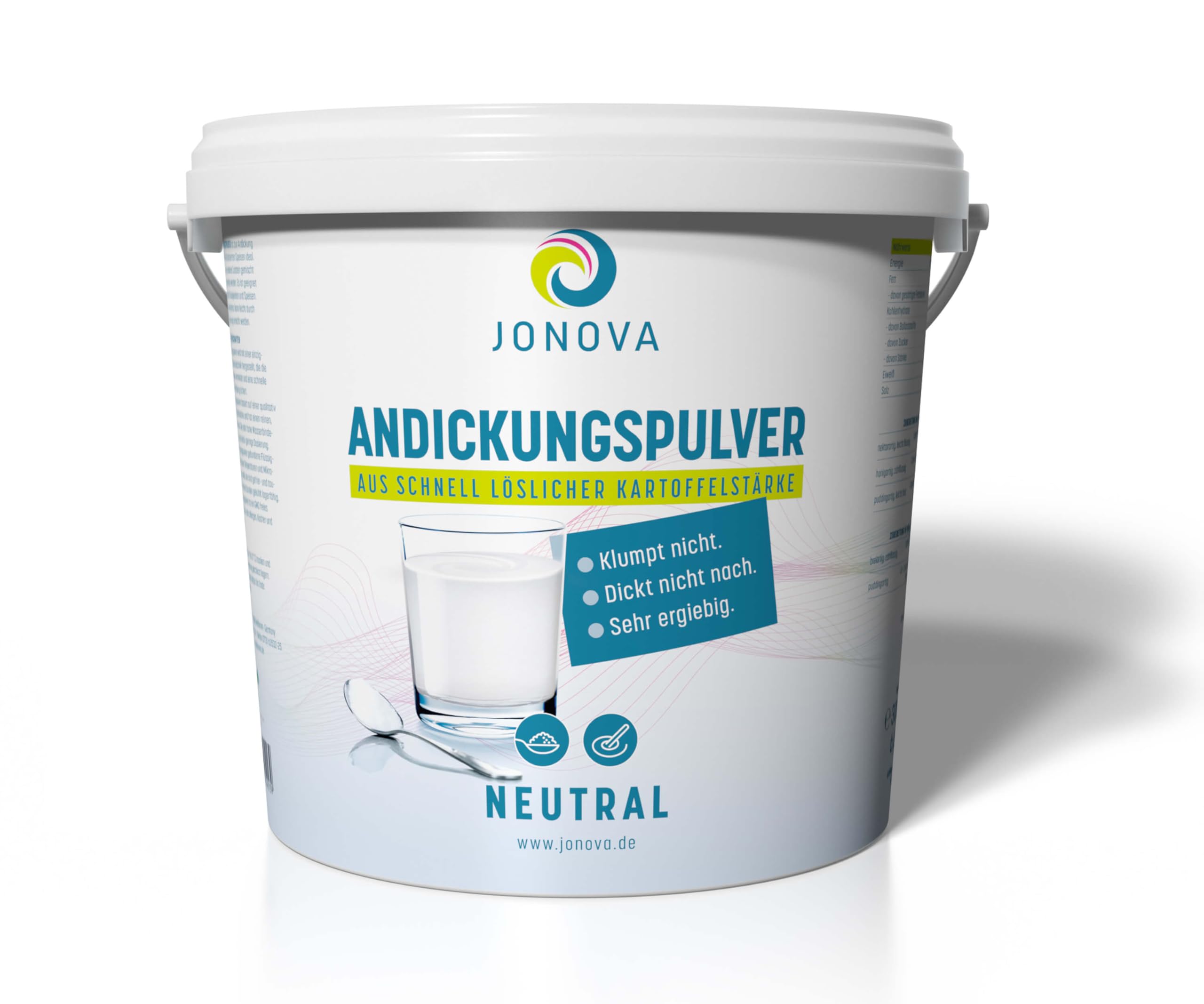 Jo NOVA Andickungsmittel – Lebensmittelverdicker auf Kartoffelstärkebasis | laktosefrei, klumpfrei, temperaturstabil | für Getränke & Speisen | 3 kg Eimer