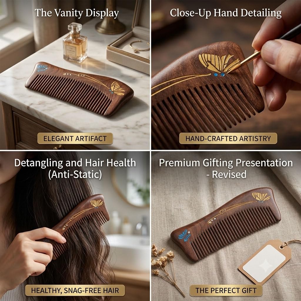 Peine de madera de sándalo, hecho a mano, peine de madera de sándalo, antiestático, peine de pelo de dientes finos para mujer, peine para barba, buen regalo (mariposa pintada)