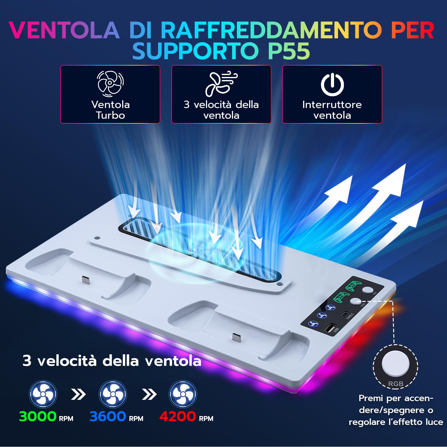 Verticale Supporto con Raffreddamento per PS5/PS5 Pro/PS5 Slim,Supporto di Ricarica per Doppio Controller PS5 con USB/Ventola a 3 Livelli/luce RGB per PS5 UHD& Digital /PS5 Slim Disc & Digital - 5