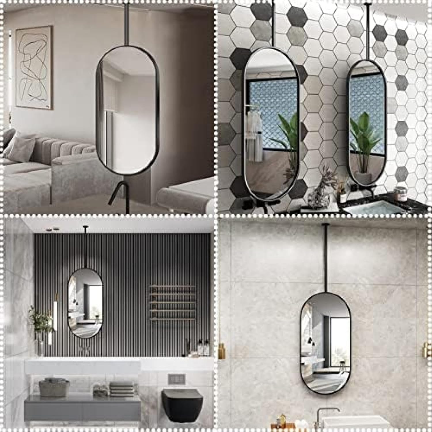 Specchio ovale da soffitto con cornice in metallo nero per bagno o decorazione d'ingresso