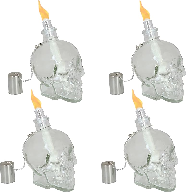 Sunnydaze Grinning Skull Glass Tabletop Torches - Outdoor Patio Lighting - Includes Wicks and Attached Snuffers - Set of 4 Refillable Torches - Clear