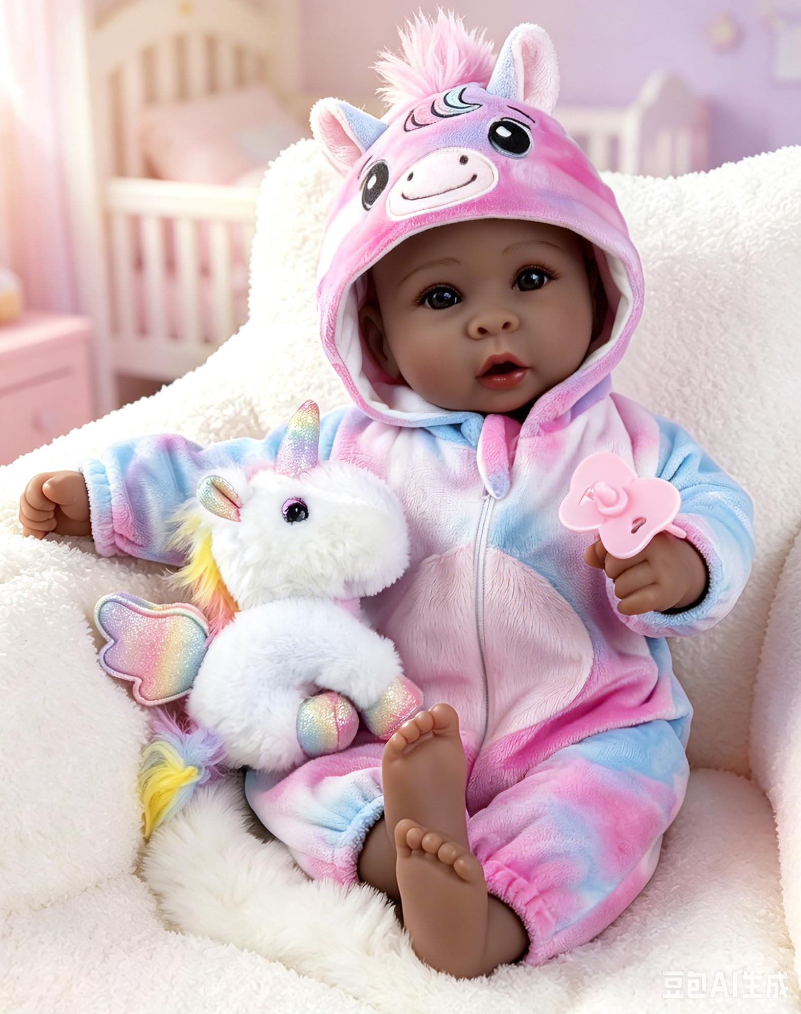 Lifelike Baby Doll 17 Inch Black Real Doll in Colorful Pony Outfit