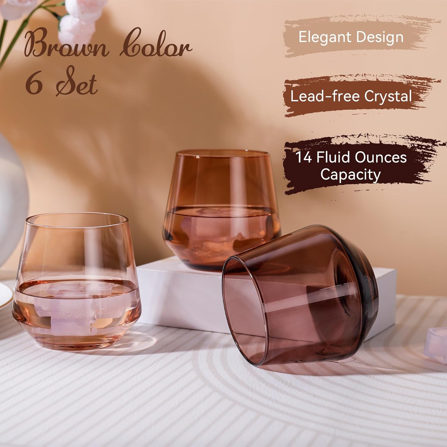 Venus Stemless Wine Glasses Set 6-14oz Melanin Colored Wine Glasses Stemless【HandBlown】 Brown Wine Glasses Set,Unique Brown Wine Glasses for Kwanzaa
