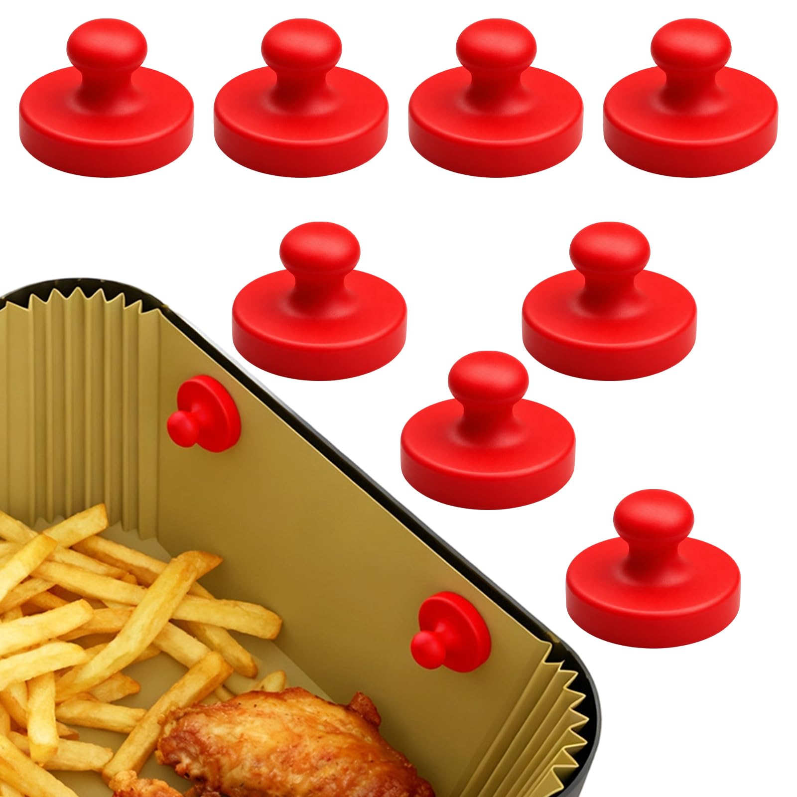 Air Fryer Magnets for Parchment Paper, 8PCS Food-Grade Silicone Magnetic Fasteners for Cooking Safety, Secure Paper Liners During High-Temperature Air Frying, Red Embossed Design