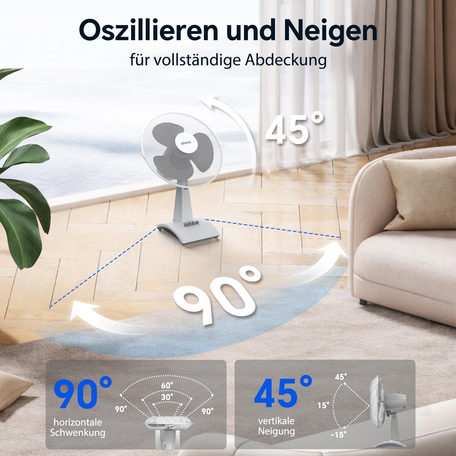 shinic Tischventilator 30 cm, 3 Geschwindigkeiten, Tischventilator sehr leise mit Oszillation, höhenverstellbar, 3 Flügel, tragbarer Ventilator Tisch für Kühlung im Schlafzimmer & Büro, weiß