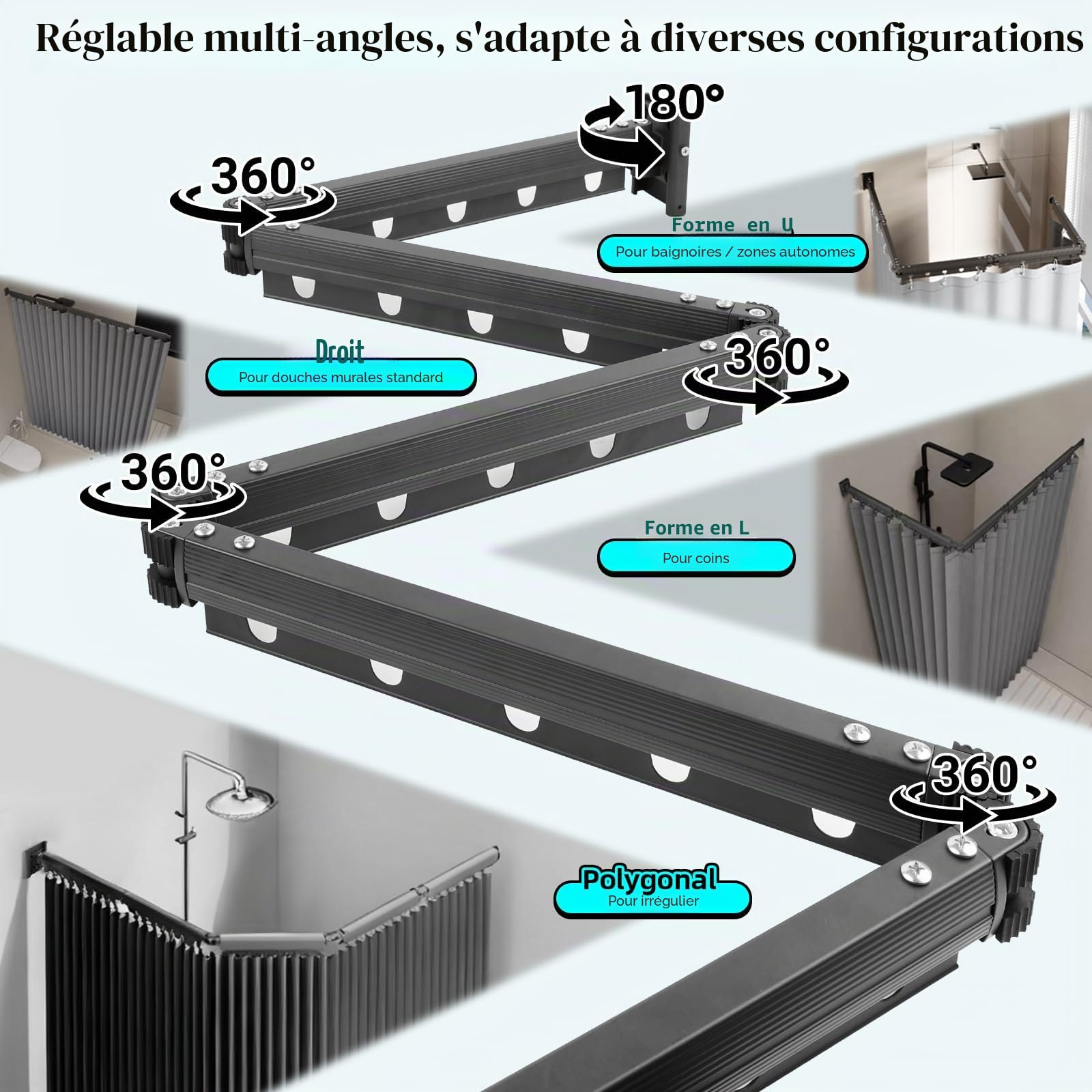 Pliable Tringle à Rideau Barre de Douche Angle Sans Percage, 1,8 m × 2 m Rideau de Douche Pliable Anti Moisissure Imperméable, Forme U/L/Droite, pour Salles de Bain, Vestiaires, Camping-cars
