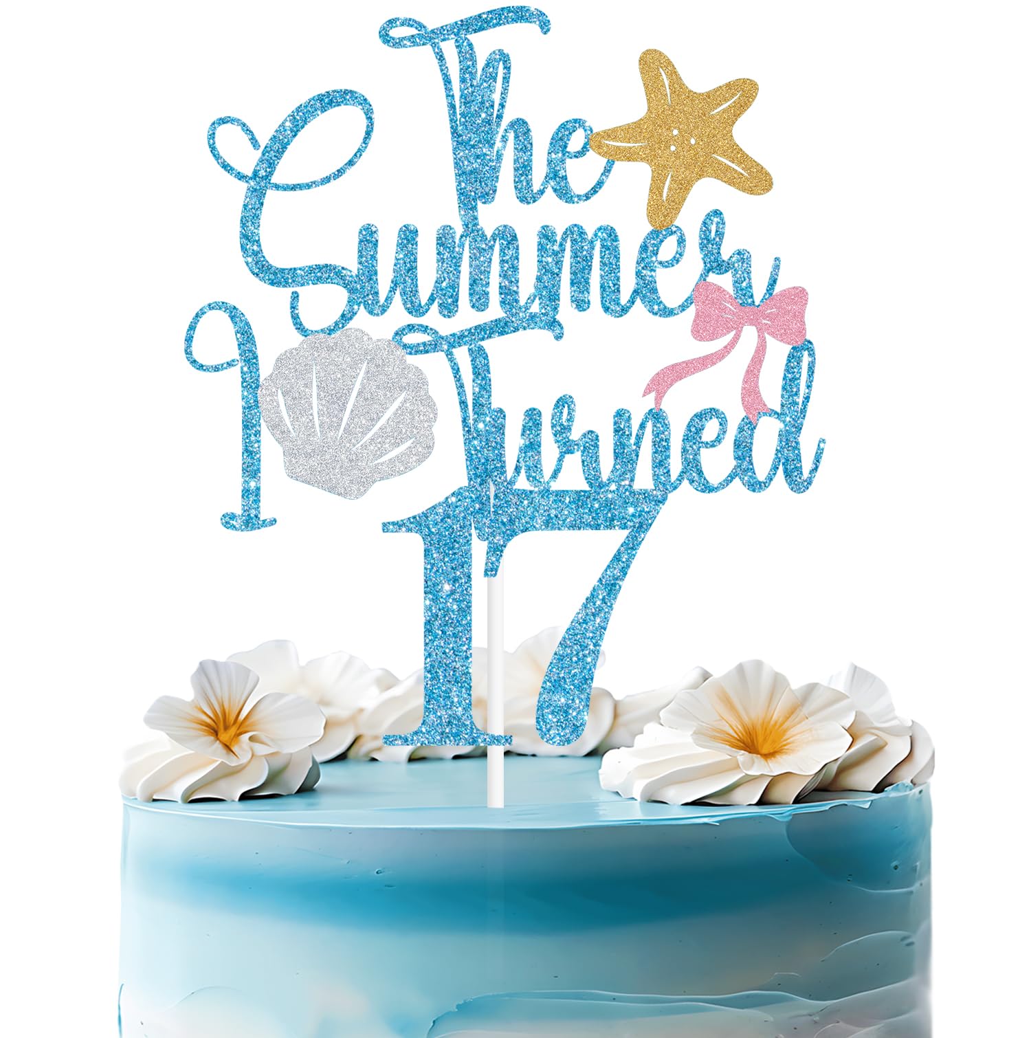 Baby Blue Glitter the Summer I Turned 17 Cake Topper, Hawaiian Summer Tropical Birthday Decor, Shell Starfish Themed 17th Birthday Party Decorations Supplies
