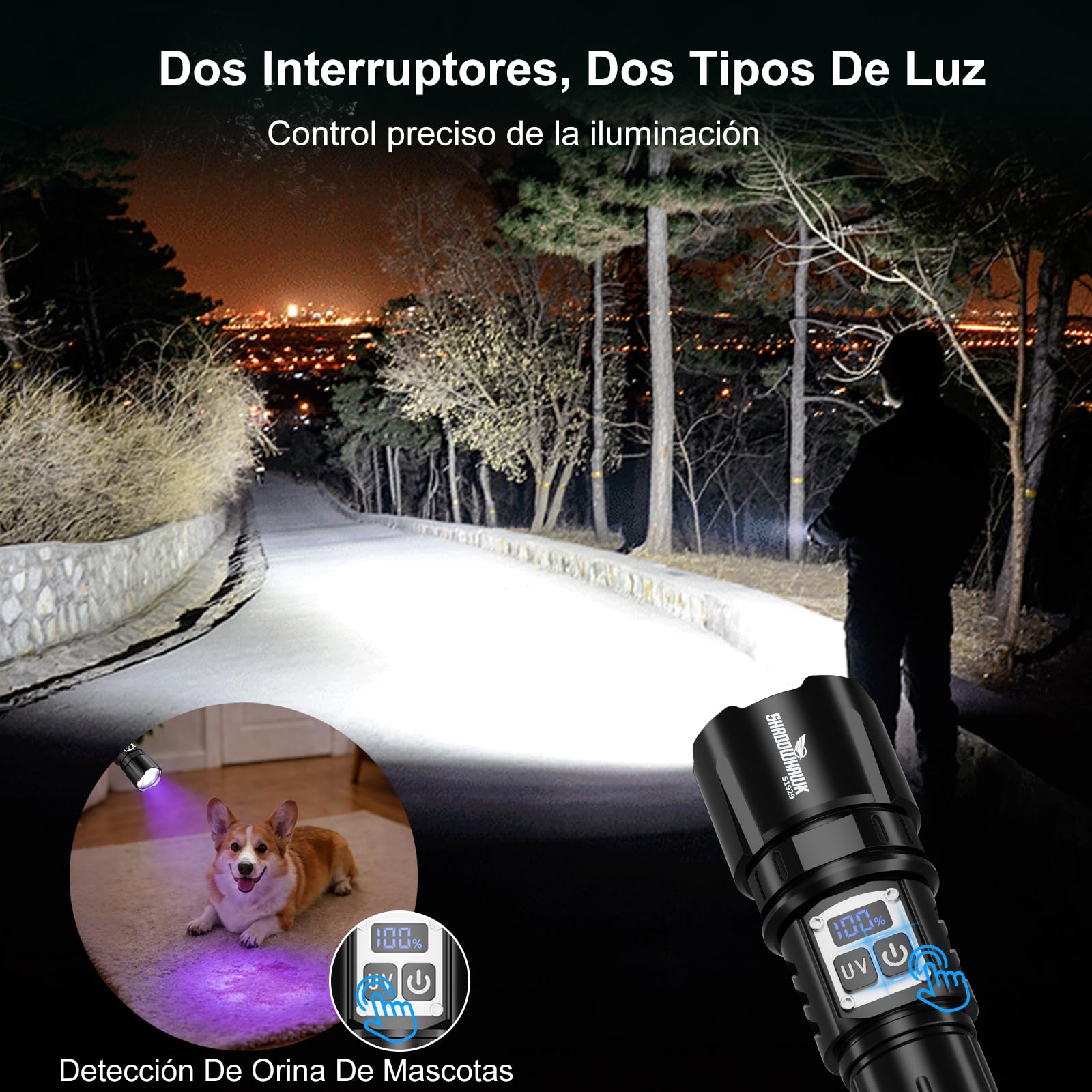 Shadowhawk 2-En-1 Linterna LED Alta Potencia Interruptor Doble 1000000 LM | Ajustar Del Brillo,Linterna Super Potente,Hasta 1000m,Luz Linterna UV para Camping/Emergencias/Detección De Orina De Mascotas