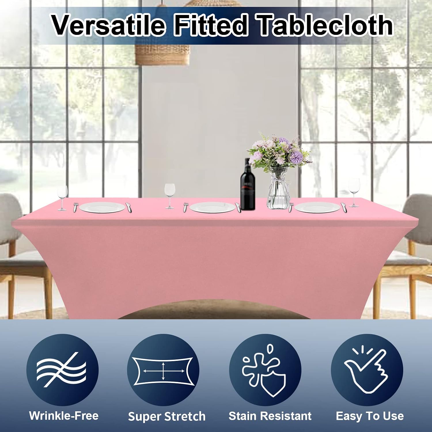 PureFit Spandex Table Covers 6ft Fitted Table Clothes for 6 Foot Rectangle Tables, Elastic Massage Table Cover, Stretch Tablecloth for Party, Wedding, Birthday, Banquet, Vendor Stand, Pink, 2 Pack