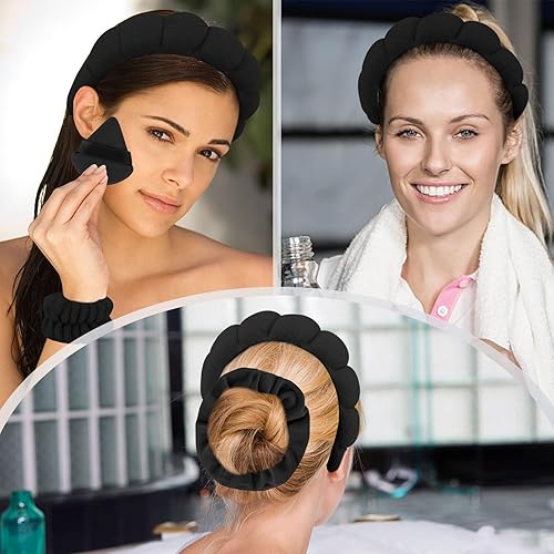 Miniatura 6 de Juego de diadema y pulsera de 7 piezas para cuidado de la piel, lavado facial, eliminación de maquillaje, incluye diademas de tela de rizo, esponjas