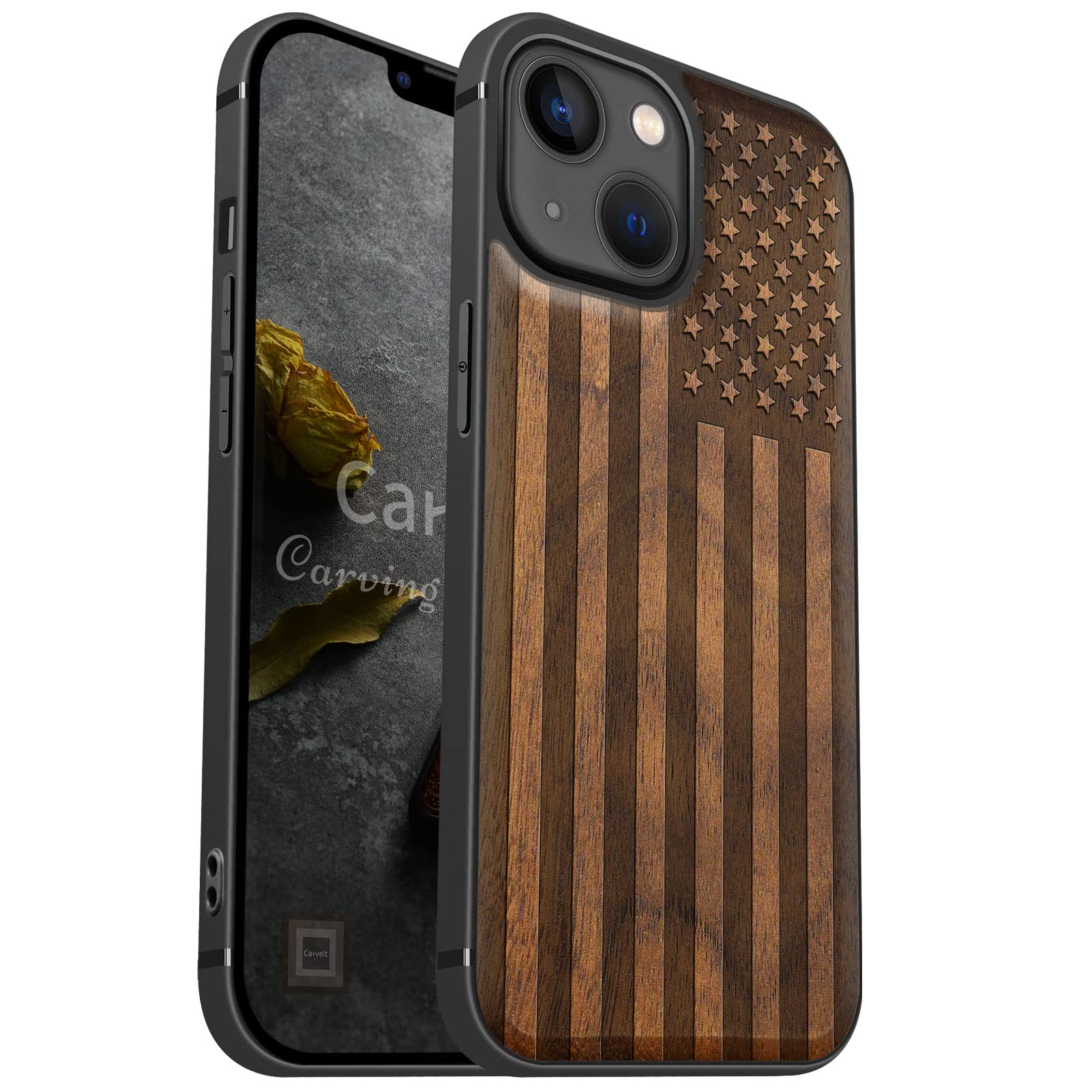 Carveit for iPhone 13 Mini Case Magnetic Wood Case Hard Real Wood Hybrid Protective Cover Walnut | Soft TPU, Unique, Classy, Wooden, Shockproof,