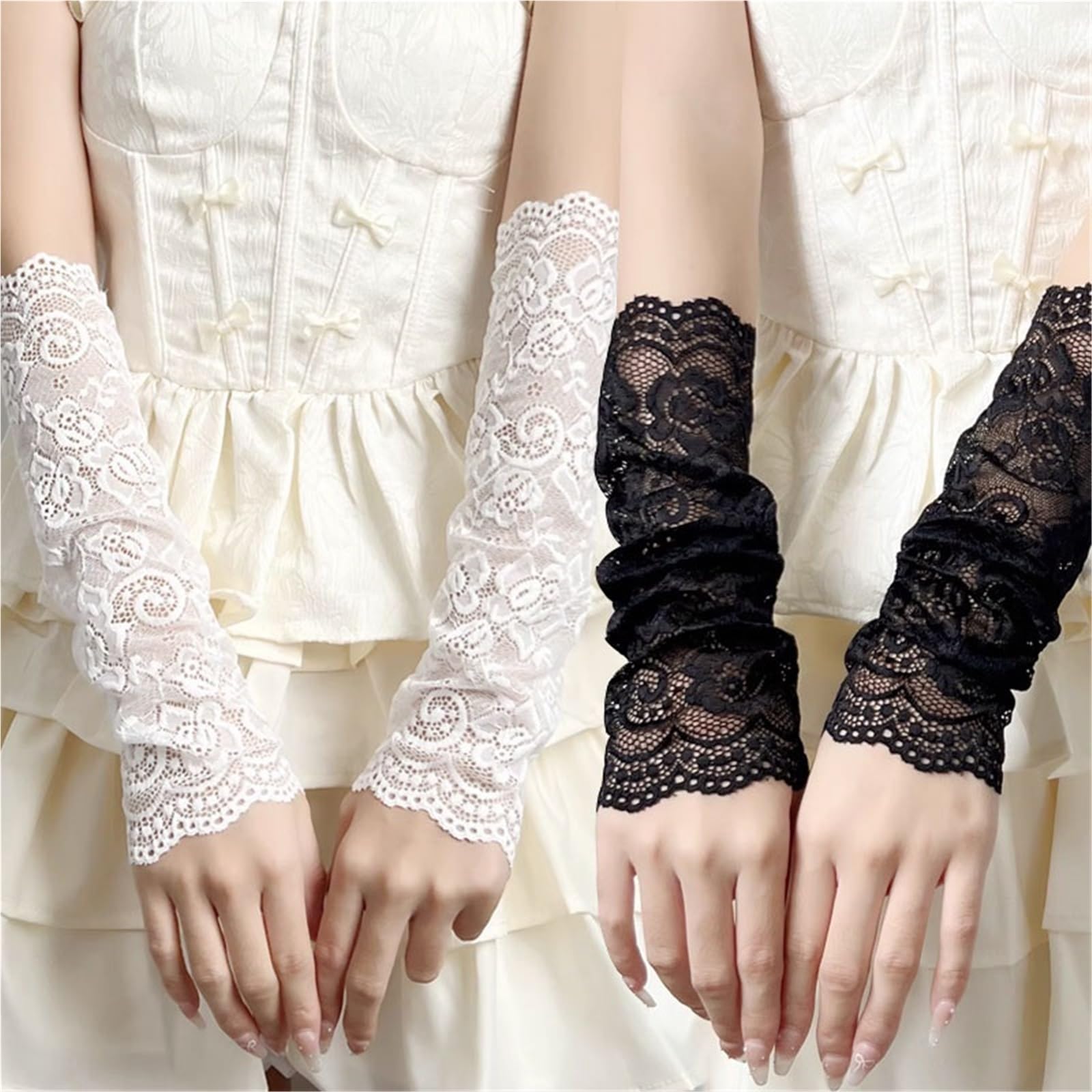 2 pares de guantes sin dedos con protección solar verano for mujer, mangas encaje for brazos, bloqueo malla larga, puños florales, falsas