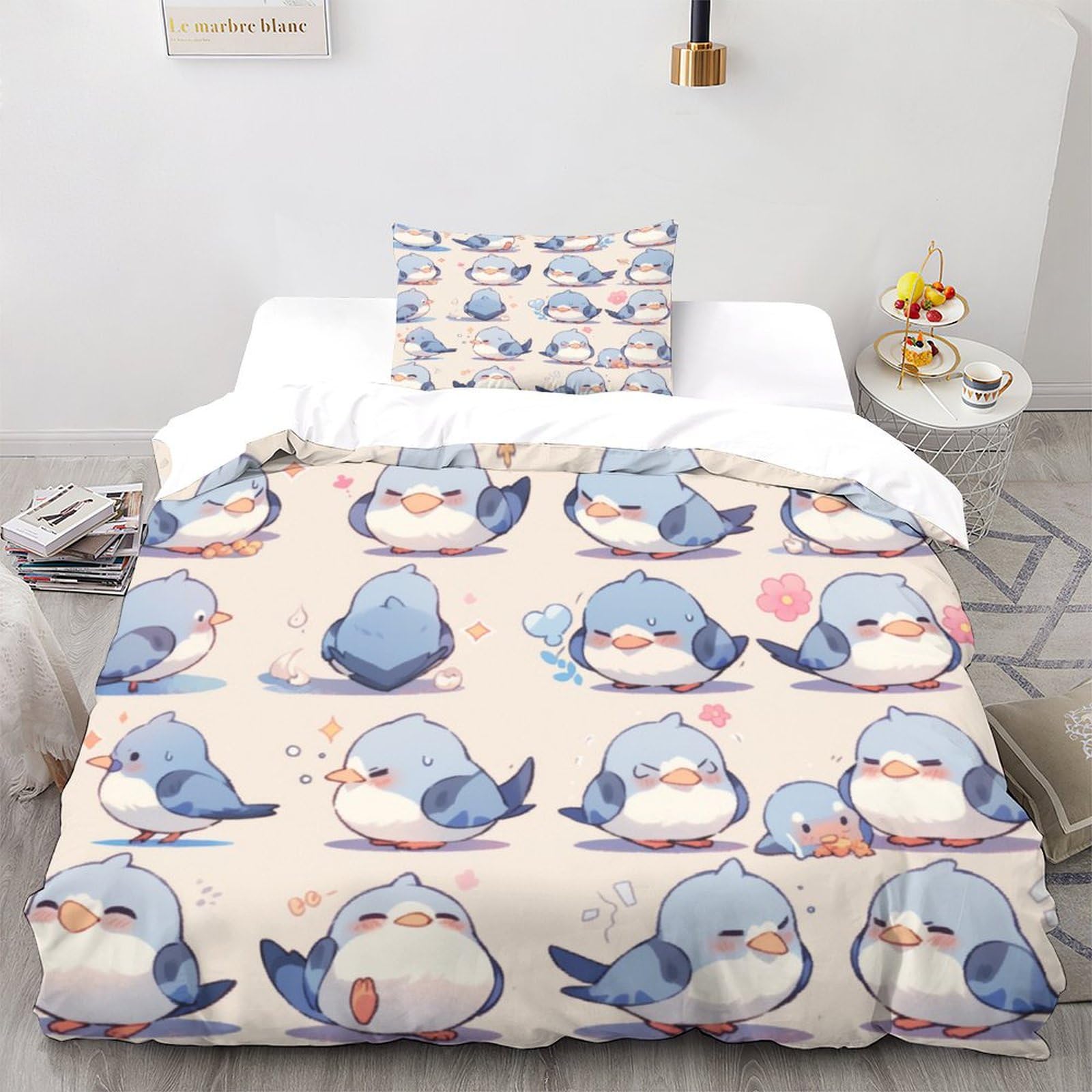 Housse de couette pigeon 3D 135x200cm avec taie d'oreiller en microfibre pour lit une place