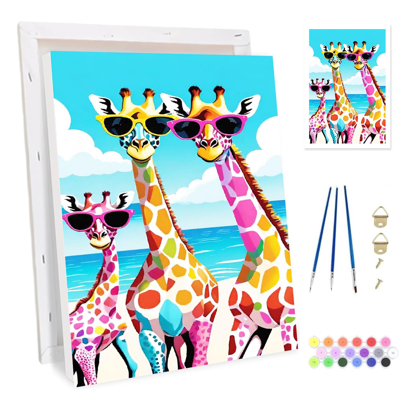 Bowetile Framed Giraffe Paint by Numbers for Adults, Seascape Painting by Numbers Kit for Adults Beginners Canvas Kit, DIY Color Oil Painting Acrylic Paints for Home Wall Decor 20x30cm