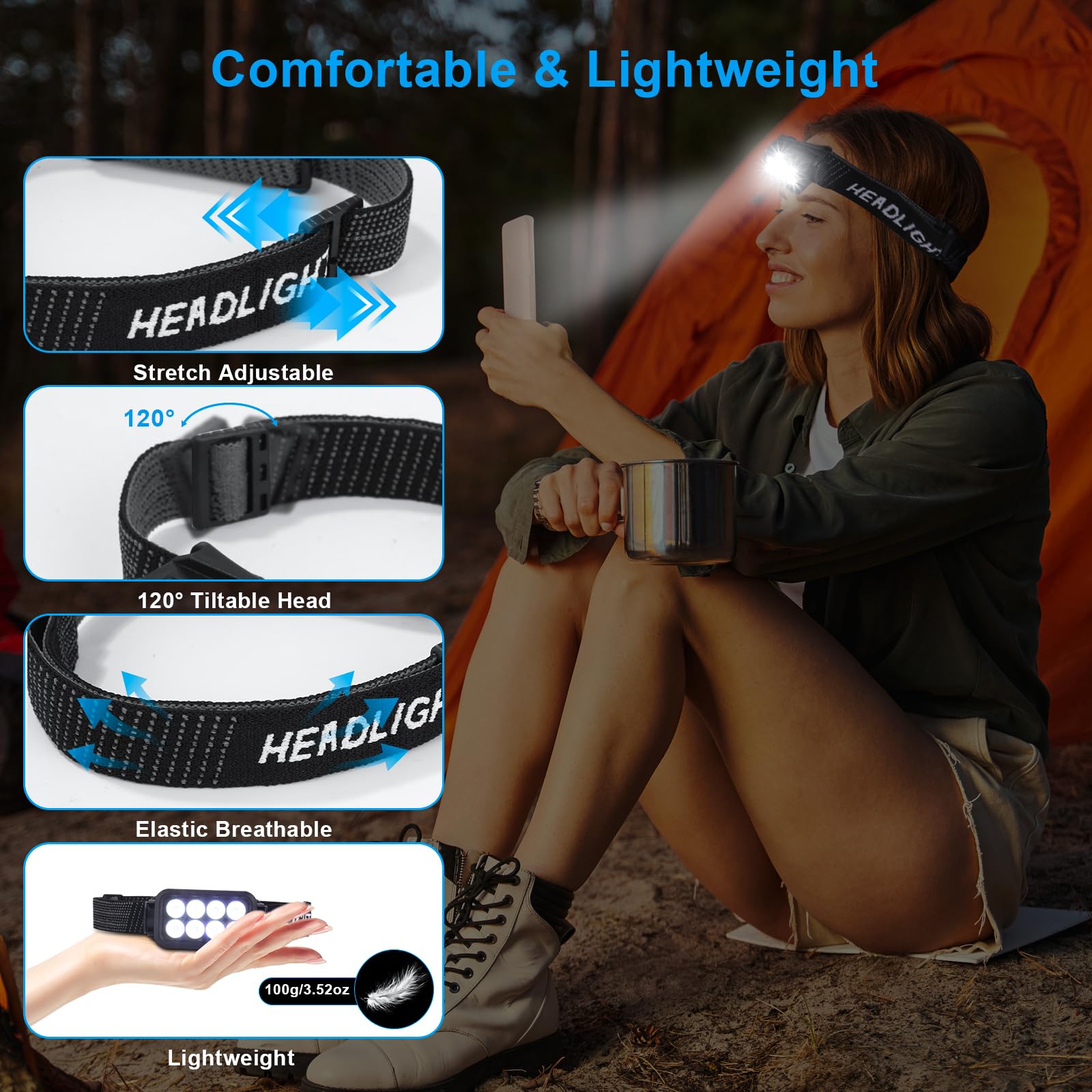 Lampada frontale a LED ricaricabile, 1 pezzo, super luminosa, 2500 lumen, 5 modalità di luce, leggera, IPX6, impermeabile, con sensore leggero, per esterni, campeggio, corsa, pesca, per bambini e