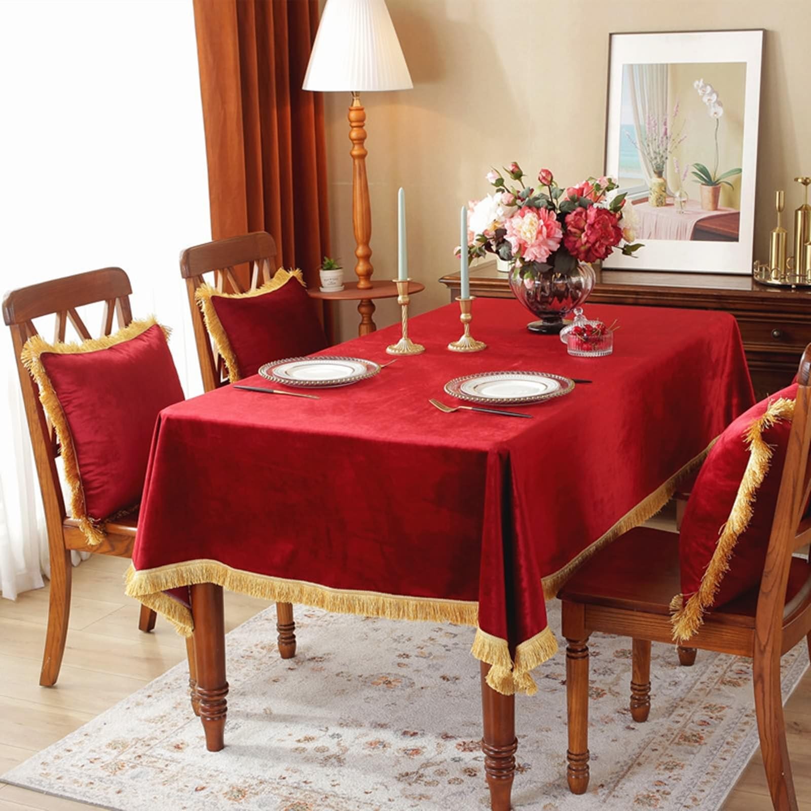 Manteles para Mesa, 140 x 200 cm, Rojo, Rectangular, Mantel Poliéster Terciopelo con Borla