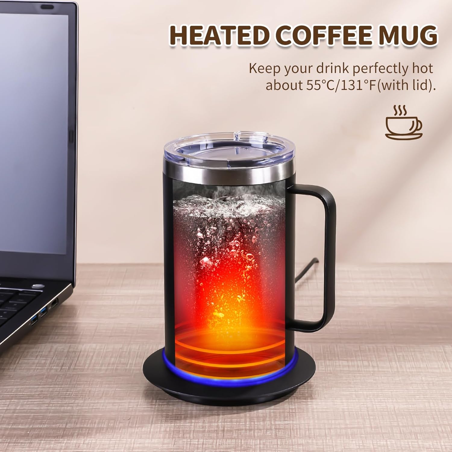 Coffee Warmer Mug Set for Desk, Self Heating Coffee Mug with Lid, USB Electric Coffee Mug with Temperature Control(Black-14oz)