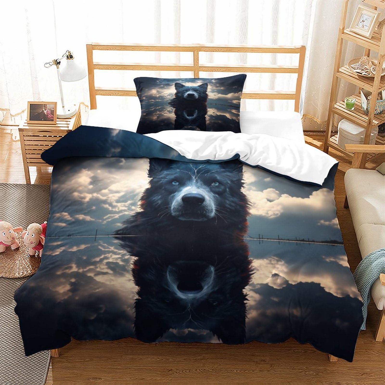 P1S9U7W5Y 3D Printed Artistic Wolf Design Microfiber 3 Piece Duvet Cover Set for Adults Teens Soft Breathable Wolf Bedding Set Bedroom Decor Single（135x200cm）