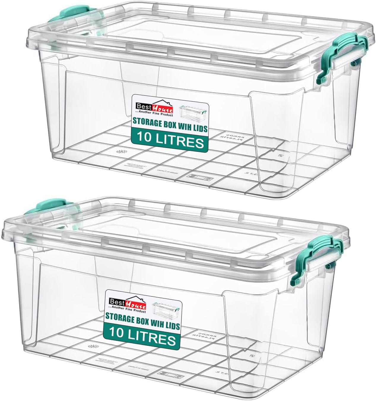 10 x 45 Litres Clear Plastic Large Storage Box With Lids Home Office - UK Made