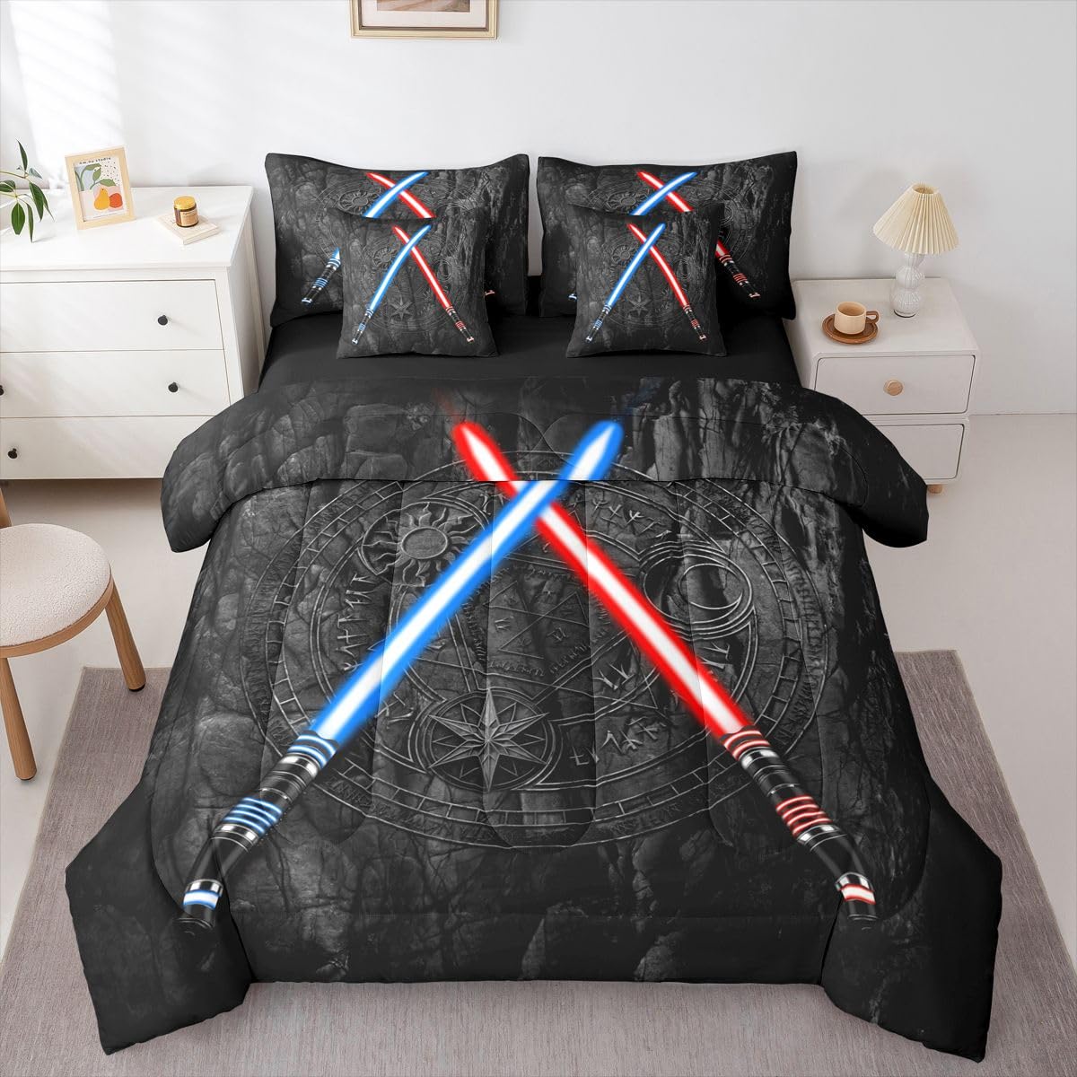 Lightsaber 7Pcs Comforter Set Twin Size 3D Neon Blue Red Bedding Set Geometric Sun Moon Round Fitted + Flat Sheet Kids Boys Girls Teens Room Decor