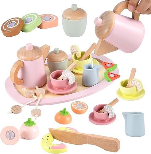 Juego de té de madera para niñas pequeñas con juguetes de comida de corte, juego de fiesta de té de madera con accesorios de juego de simulación de