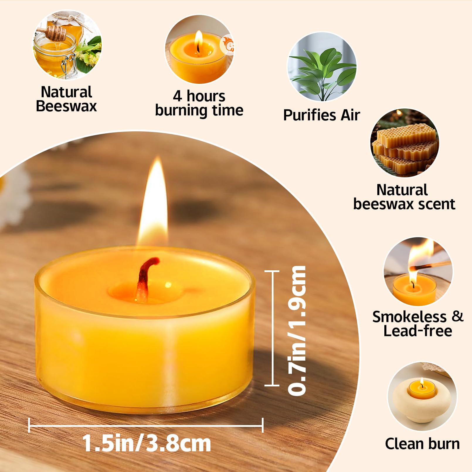 Tivcck 24 Pack Beeswax Tealight Candles,Natural Beeswax Candles Bulk 4 Hour Burn Time,Yellow Tea Lights Candle for Home Decoration,Wedding,Party, Centerpiece