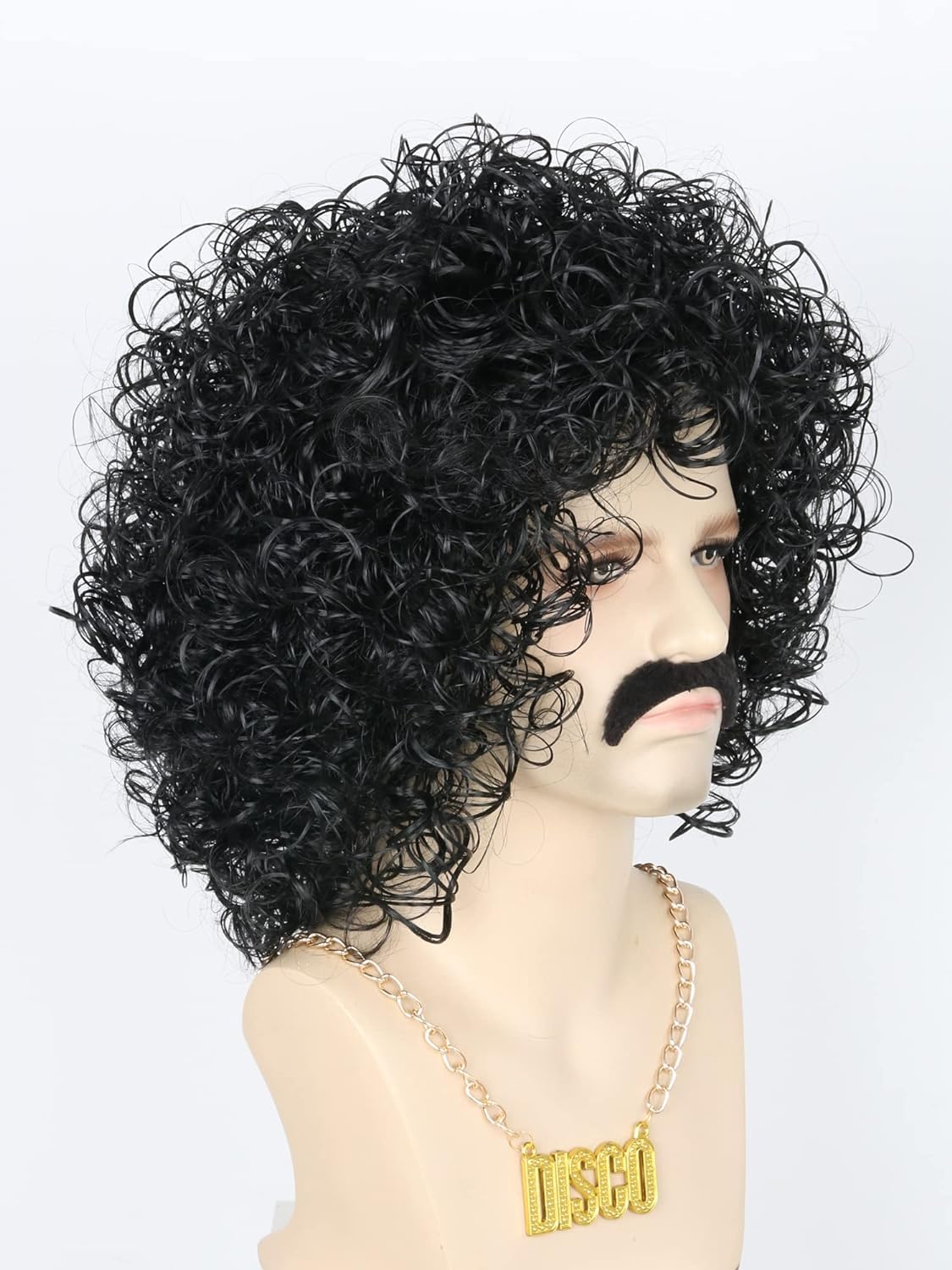 LeMarnia 70's Afro Wig Necklace and Beard Set for Men Black Curly Disco Rock Punk Halloween Costume Accessory Wig - Image 3