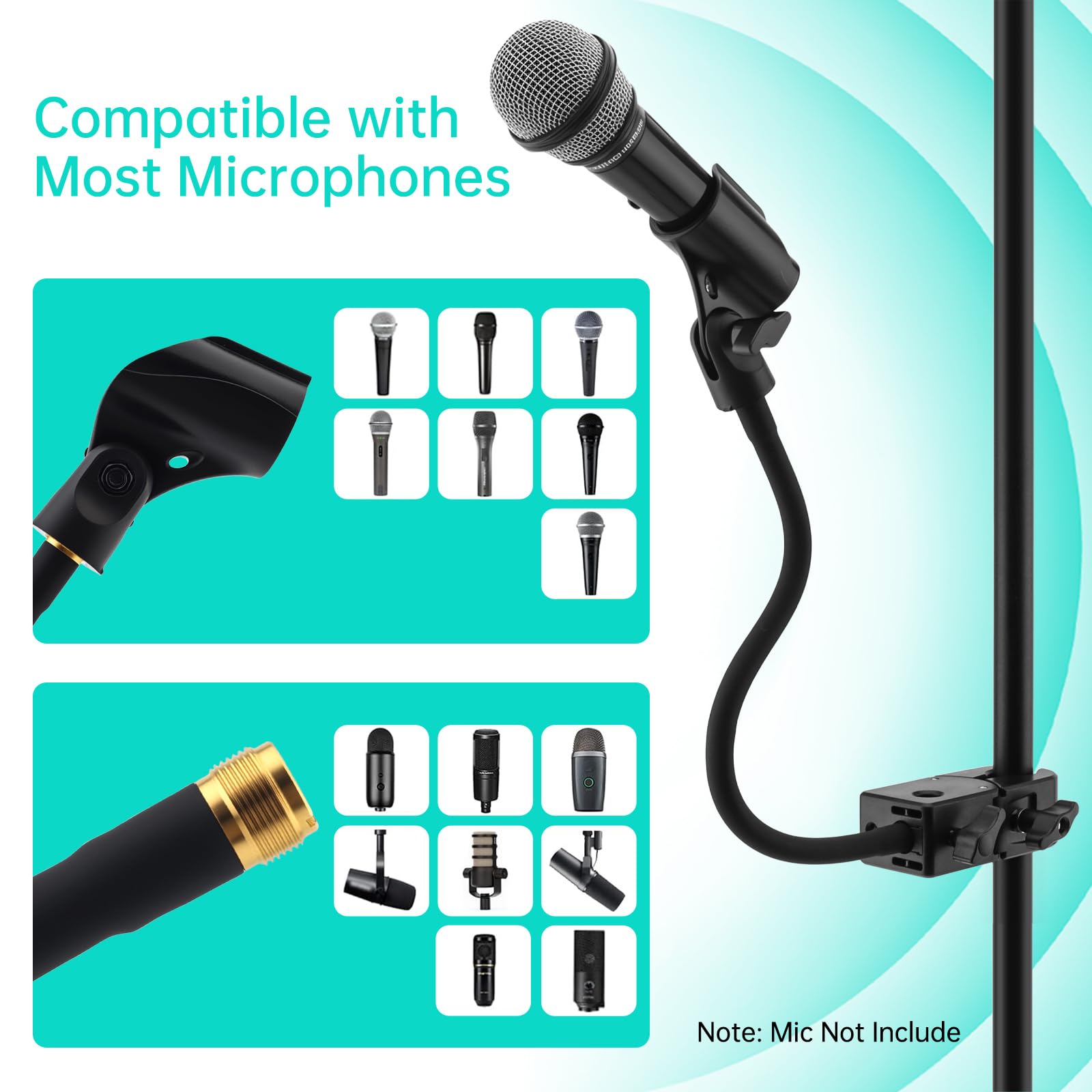 Soporte de micrófono de escritorio de 13 pulgadas, soporte de micrófono de cuello de cisne apto para Shure / AT2020 con 2 adaptadores y bridas para cables, brazo de micrófono flexible