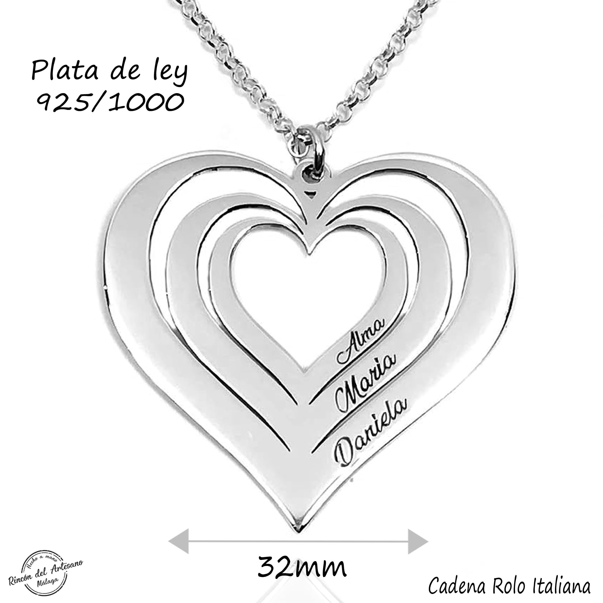 Collar Corazón Personalizado con 3 Nombres. Fabricado en Plata de Ley 925/1000. Medidas 32mm. Regalo Día de la Madre. Collar Mujer. Modelo Triple C