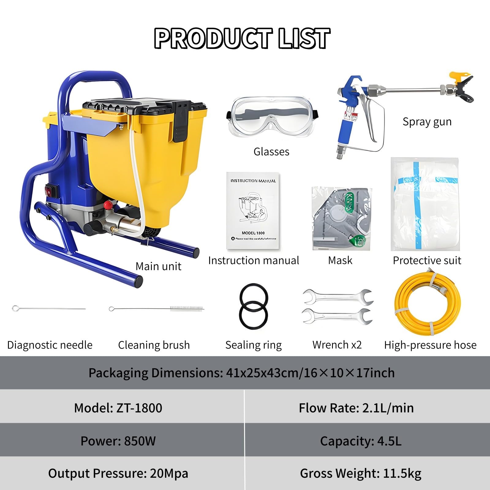 Pulverizador de pintura sin aire de alta presión de 850 W para emulsión y pinturas de látex a base de agua, incluye manguera de 5 m para paredes y vallas interiores/exteriores