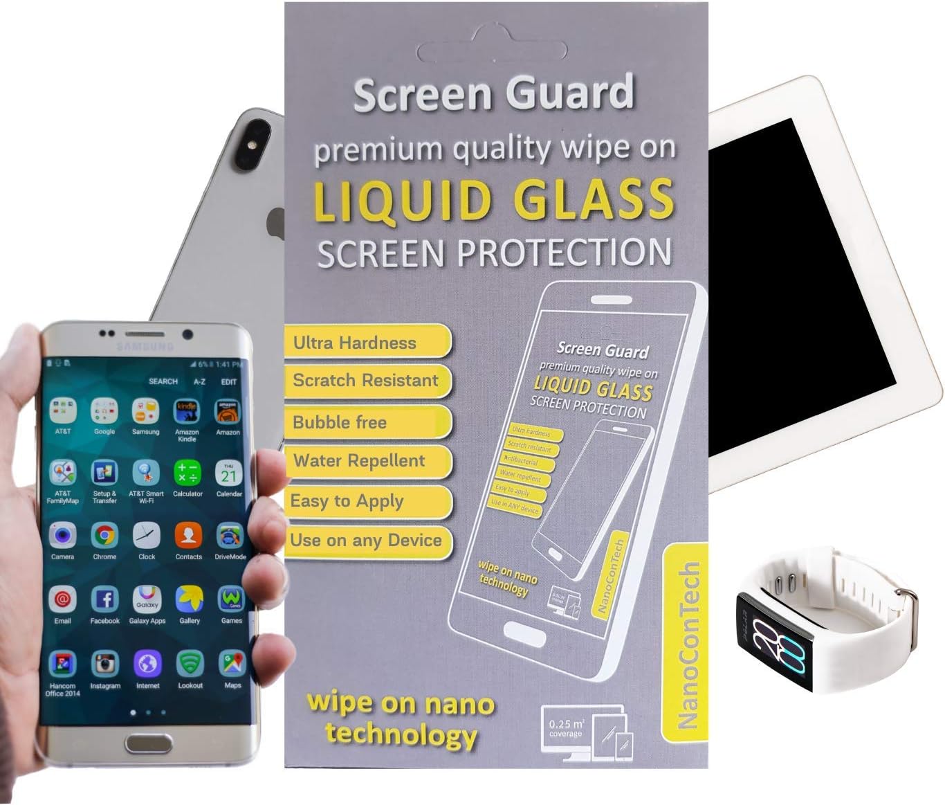 Liquid Glass Screen Protector by NanoCon Tech, Invisible 9H Nano Hardness, Easy Wipe On, Anti Scratch, Oleophobic, Fits All iPhone, Samsung, Huawei Mobiles, Tablets and Watches