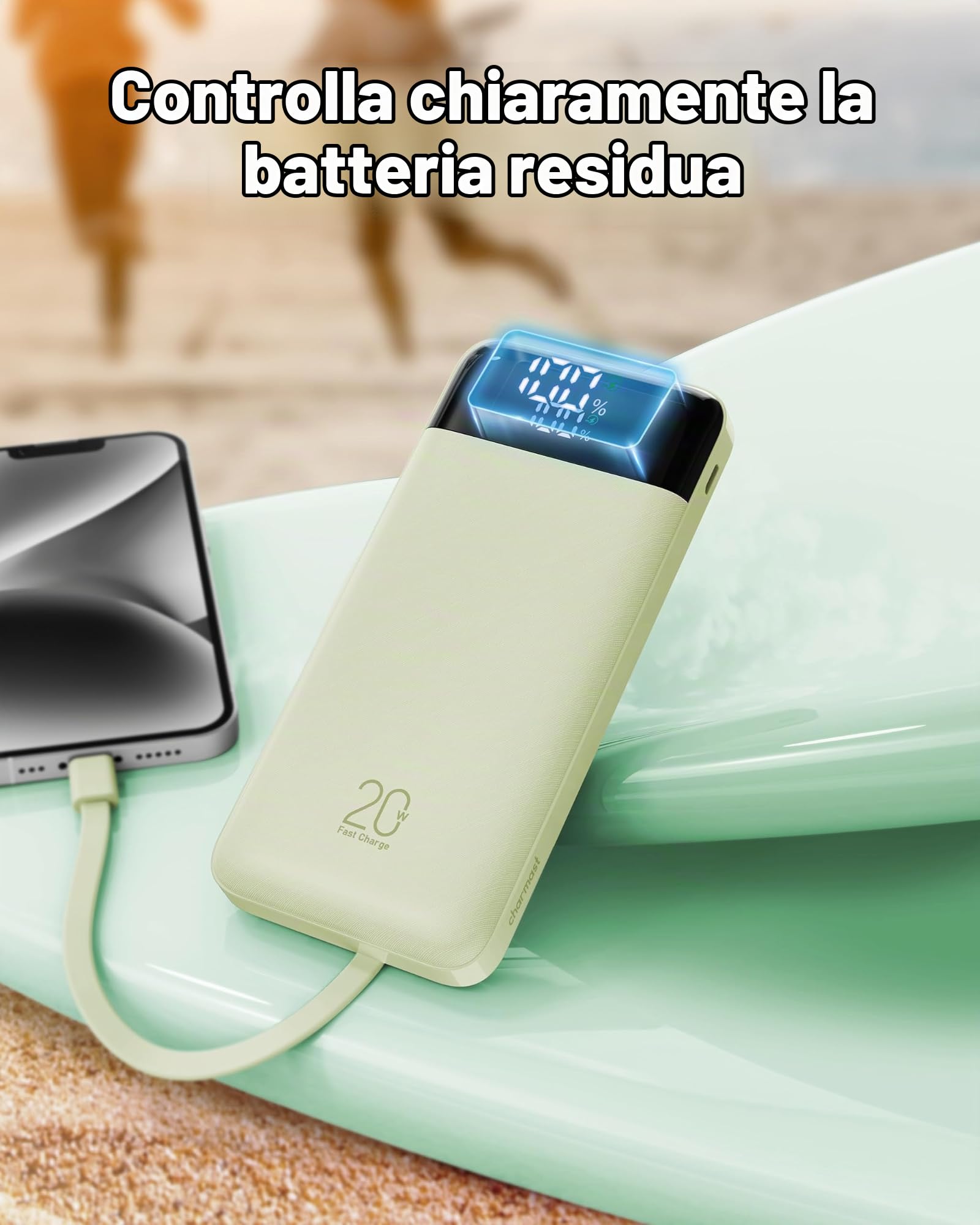 Charmast Power Bank da 20000 mAh con 4 cavi integrati, caricabatterie portatile a ricarica rapida da 22,5 W per iPhone, Android, iPad, non sono necessari cavi aggiuntivi per viaggi, lavoro, emergenze