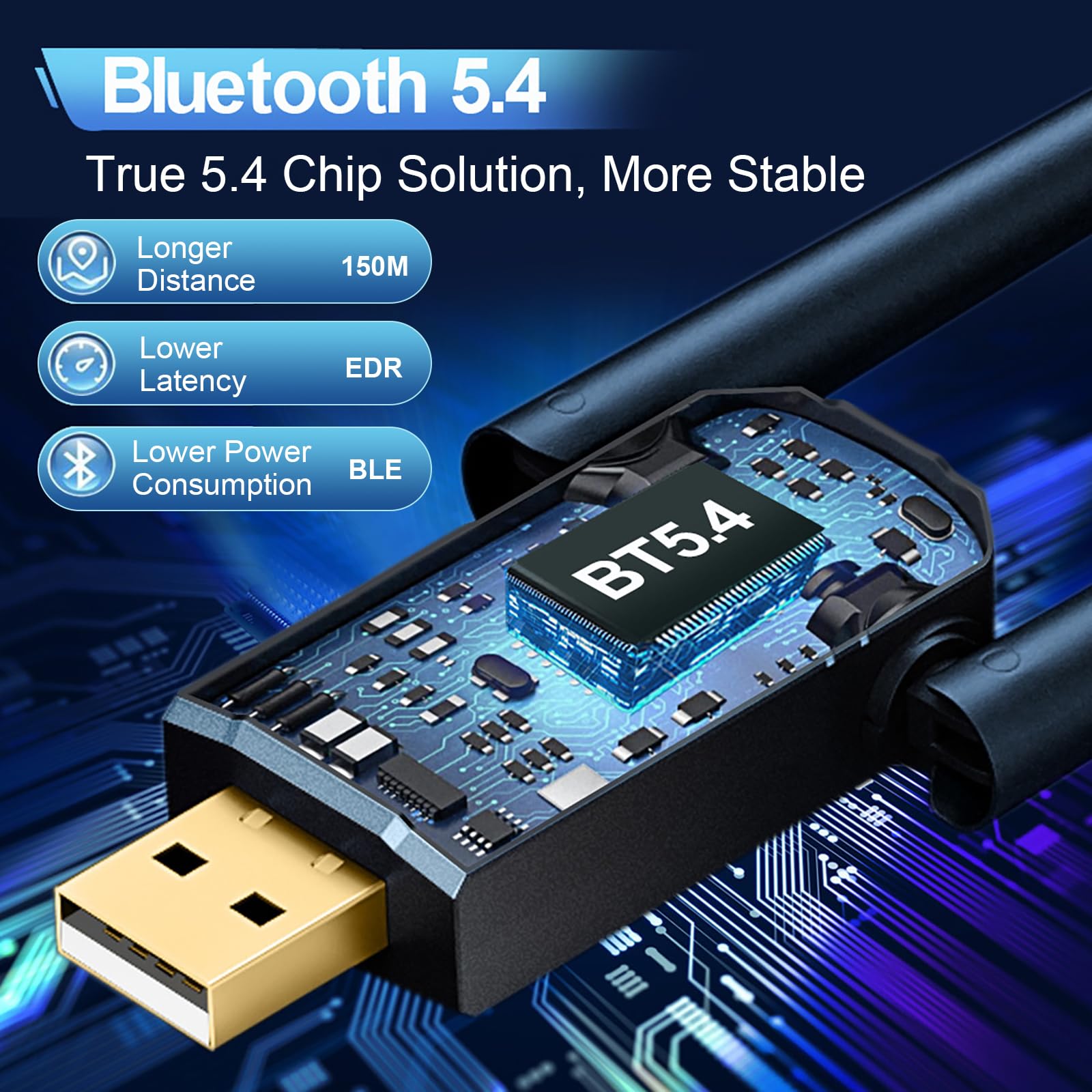 Adaptador Bluetooth 5.4 para PC, USB Bluetooth Dongle con alcance de 150 m, Plug and Play, compatible con Windows 11/10/8.1/7, para auriculares, teclado, ratón, Bluetooth estéreo