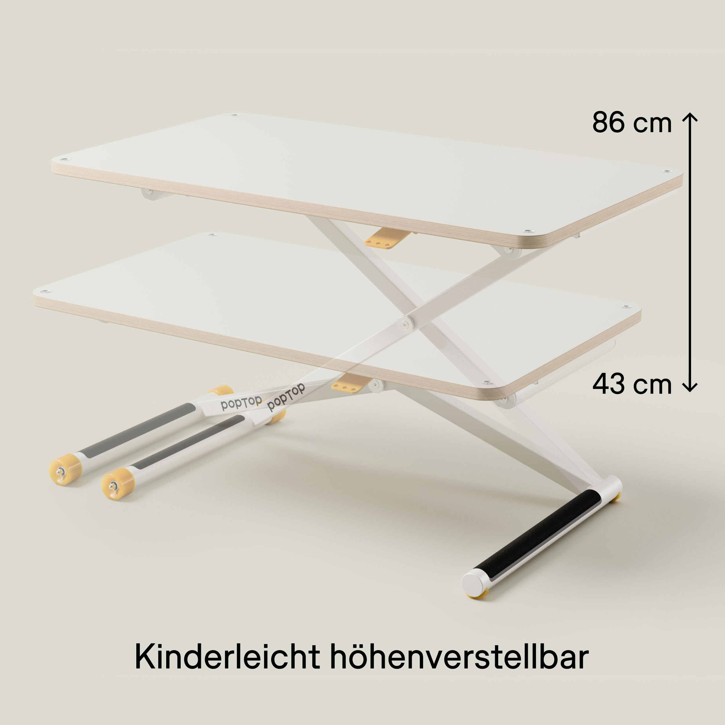 poptop Höhenverstellbarer Kinderschreibtisch der Woom Bike Gründer | Für Kinder zwischen 2 und 13 Jahren | Kinderleichter Mechanismus ohne Strom und Kurbel | Stabiles und sicheres Design | Weiss