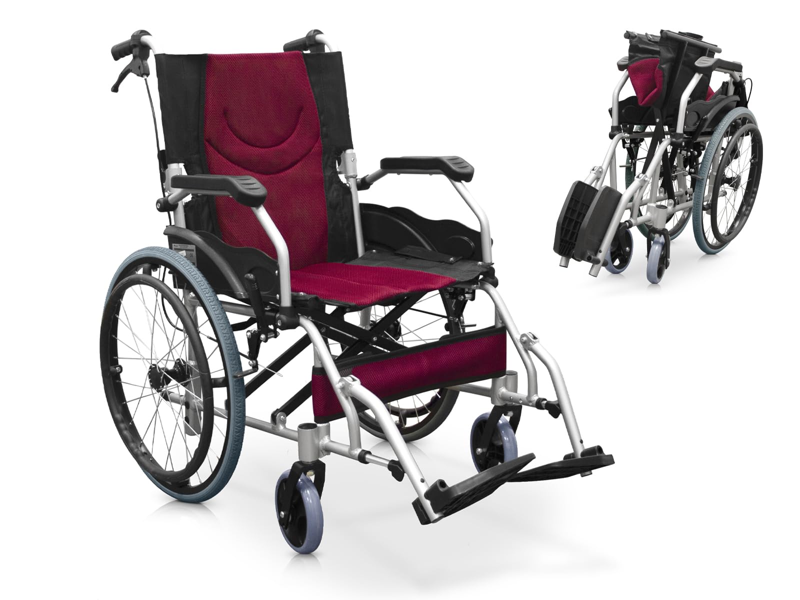 QUIRUMED - Silla de ruedas plegable PRO LIGHT de aluminio | Fácil de manejar y plegar | Reposabrazos fijos, Reposapiés abatibles | Frenos manuales, Negro y Rojo, Aluminio