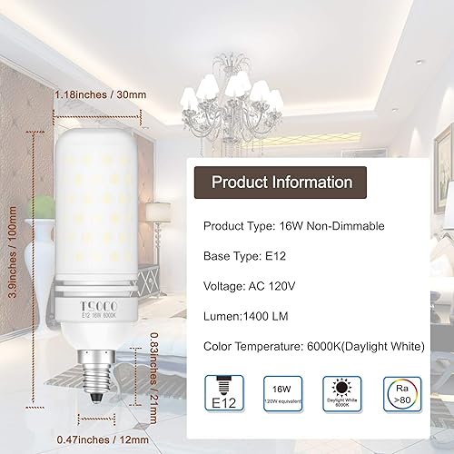 Miniatura 8 de TSOCO - Bombillas LED E12, bombillas LED de 12 W, equivalente a 100 W, luz blanca cálida de 3000 K, 1200 lúmenes, no regulables, paquete de 3 (luz