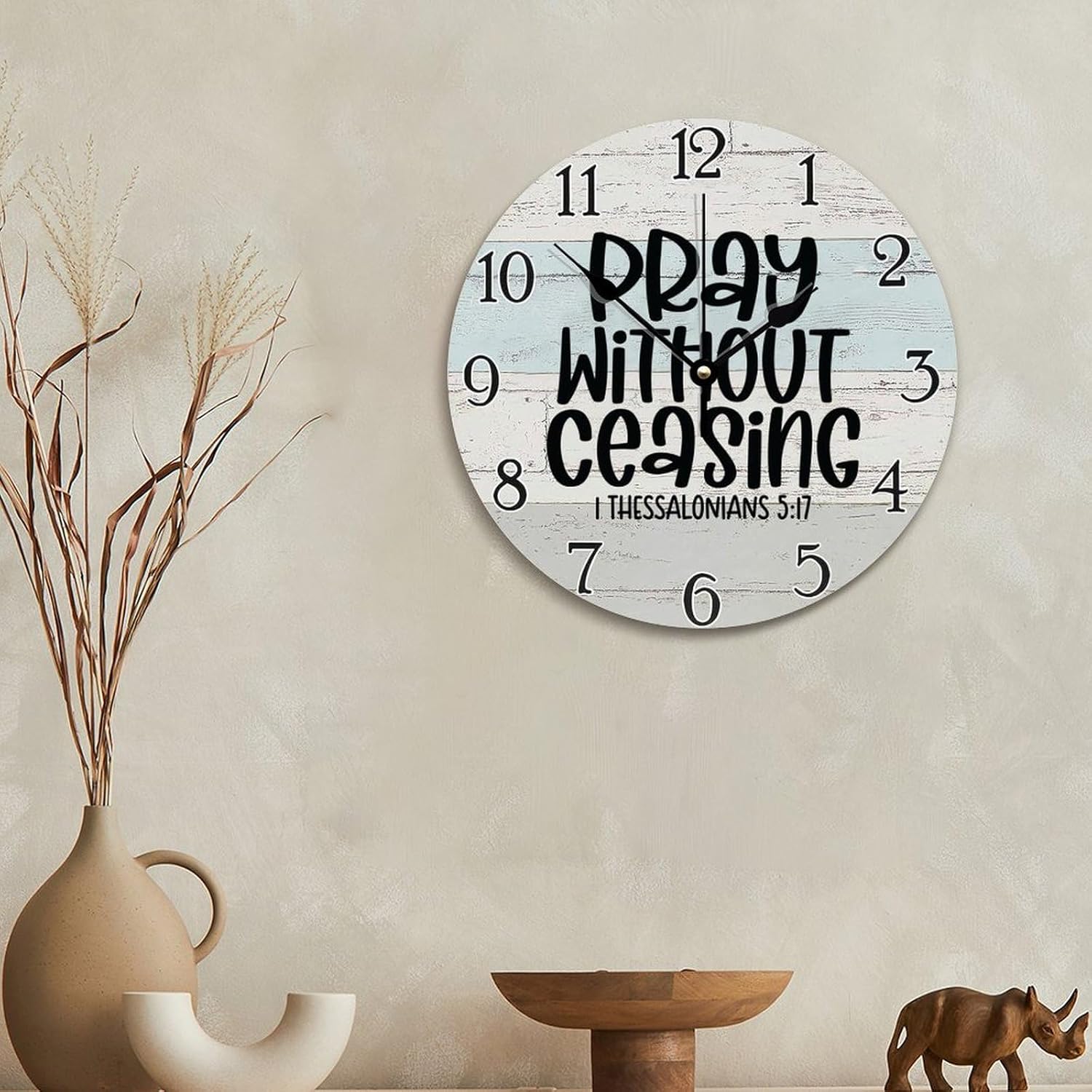 Scripture Print Art Wooden Wall Clocks Battery Operated 12 Inch Silent Pray Without Ceasing Clock Religious Faith Wall Art Farmhouse Home Decor for Living Room Kitchen Bedroom