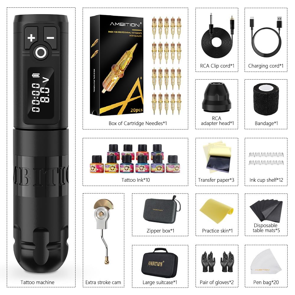 Ambition Soldier Tattoo Machine Kit Kompletny zestaw do tatuażu z obrotowym bezprzewodowym długopisem z 20 szt. igłami Glory Tattoo Cartridge Needles