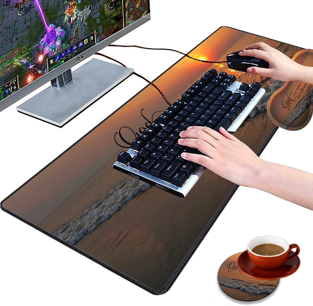 3 Piece Mouse Pad Set with Stitched Edge Large Anti-Slip Mouse Pad Desk Pad Keyboard Pad + Wrist Rest Pad + Coaster, Memory Foam Wrist Rest for Office/Home, Dusk Beach Quotes Psalm46:5