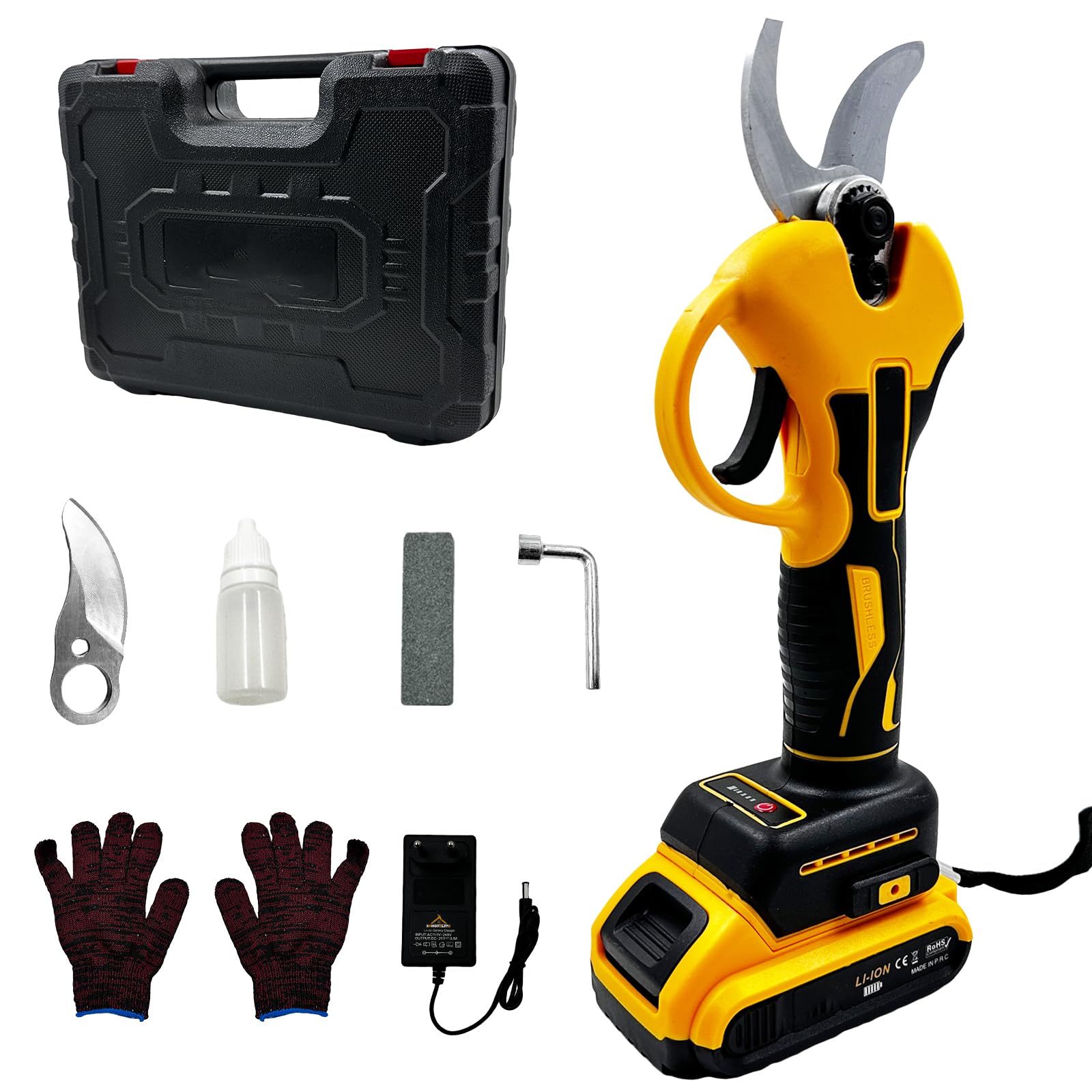 VOLTIX Forbici Potatura Elettriche Professionali 30mm, Cesoie Elettriche a Batteria con 2 Batterie 21V, Forbici da Potatura per Giardinaggio, Ulivi, Alberi da Frutta e Vigneti, Giallo