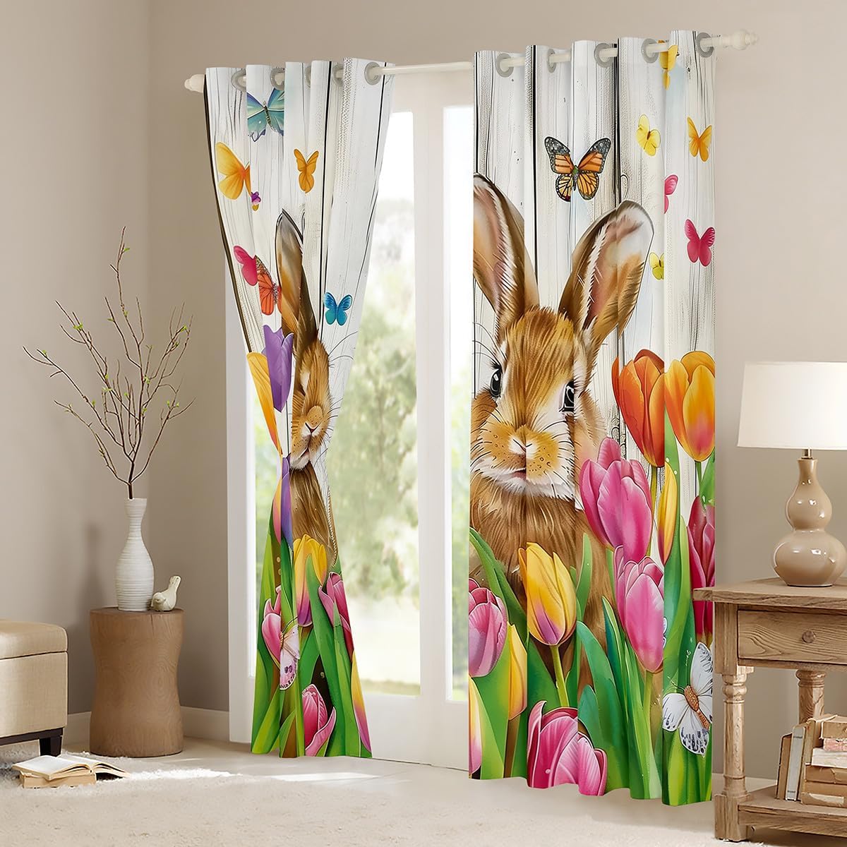 Tulip 30%-50% Blackout Curtains Cute Bunny Rabbit Window Treatments Drapes for Bedroom Happy Easter Curtain 2 Panels,52X63 Inch,Rustic Wooden Country Window Curtain Room Decor,Brown Pink Green