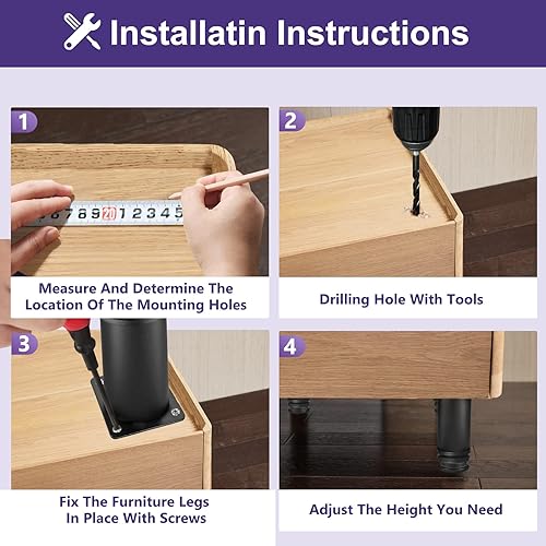 Miniatura 6 de Patas de metal para muebles de 7 pulgadas, patas ajustables de acero inoxidable, patas de metal negro, patas redondas para gabinete de mesa