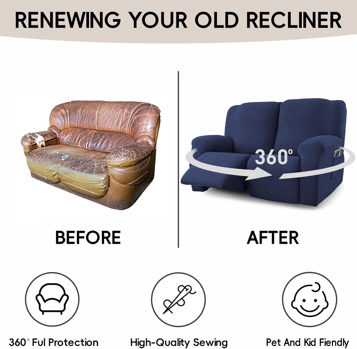 Recliner Loveseat Covers,Stretch Geometric Strokes Jacquard Reclining Chair Slipcovers,Furniture Protector with Side Pocket,Soft Breathable Couch Cover for Pet Kid,2 Seater Navy Blue