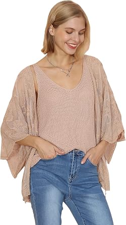 Anna-Kaci Womens Long Embroidered Lace Kimono Cardigan with Half Sleeves
